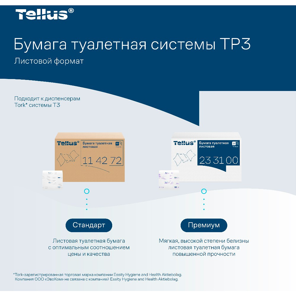 Бумага туалетная  Tellus Стандарт, TР3, листовая, 250 листов, 1 слой - 12