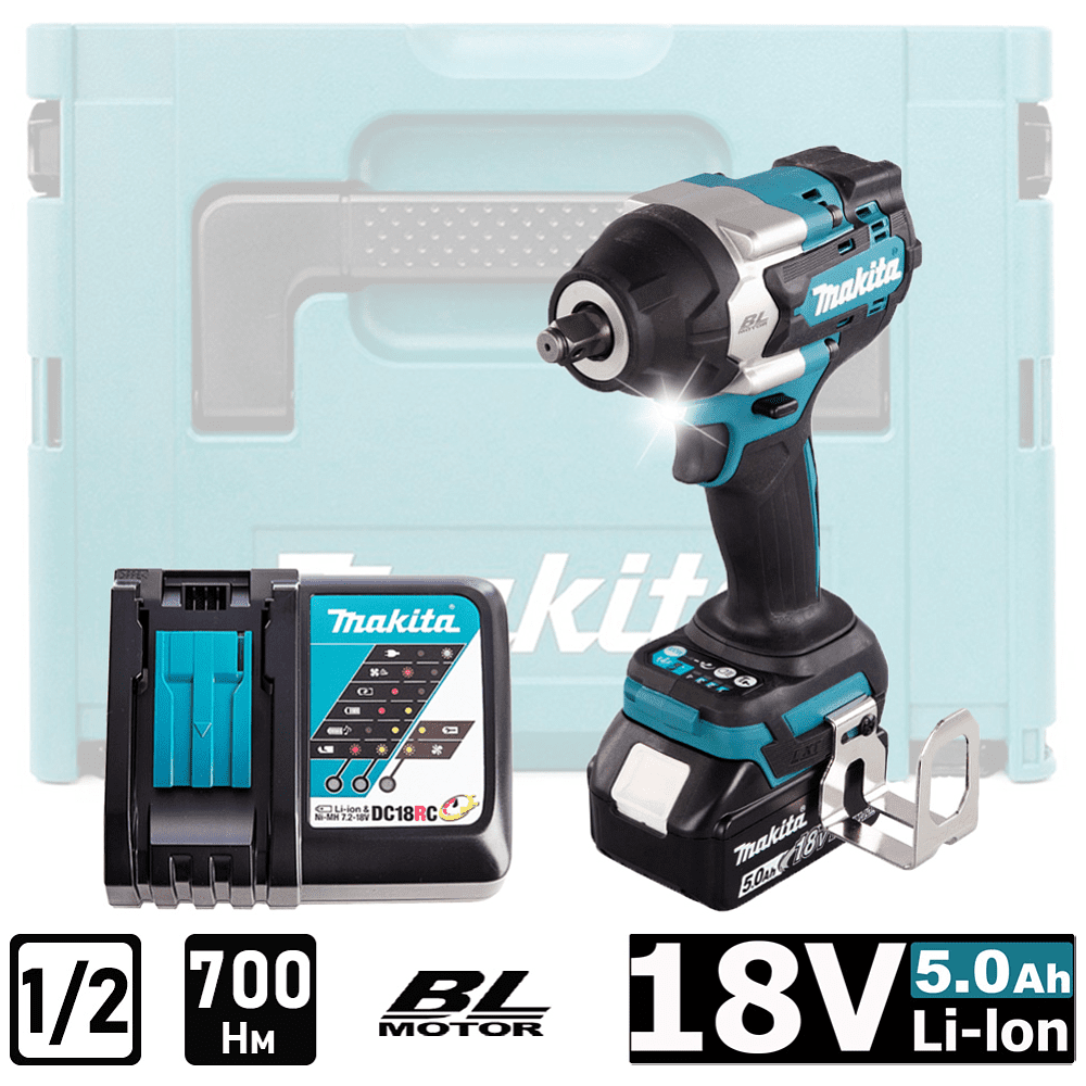 Аккумуляторный гайковерт MAKITA DTW700RT1J, 18 В, 700 Нм, 1/2", 5.0Ачx2, MakPac 2