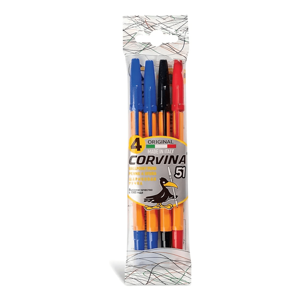 Набор ручек шариковых "Corvina", 1 мм, 4 штуки, стержень синий, черный, красный, блистер