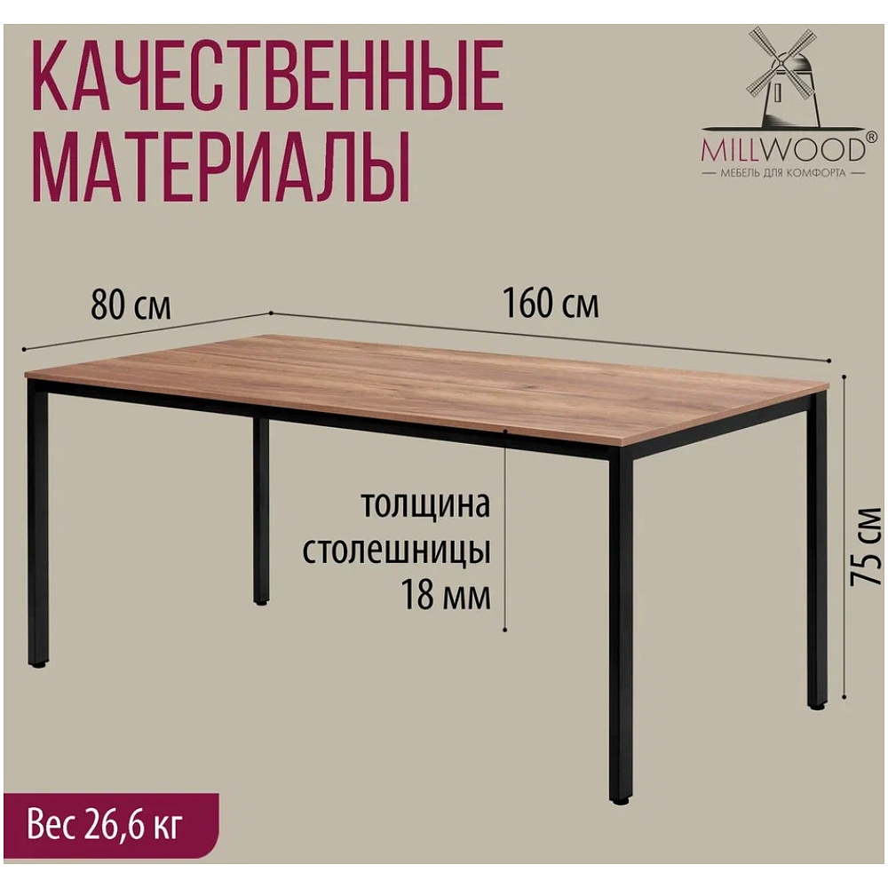 Стол Millwood Сеул, 1600х800 мм, дуб табачный крафт, черный - 4