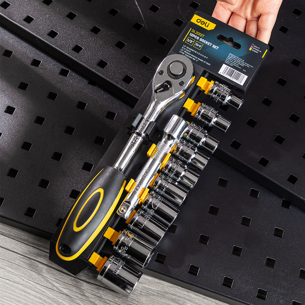 Набор торцевых ключей Deli "EDL2012T", 12 предметов, 10-24 мм, желтый, серебристый - 6