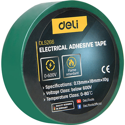 Изолента ПВХ Deli YS EDL5266, зеленая, 18 мм x 10 м, 130 мкм