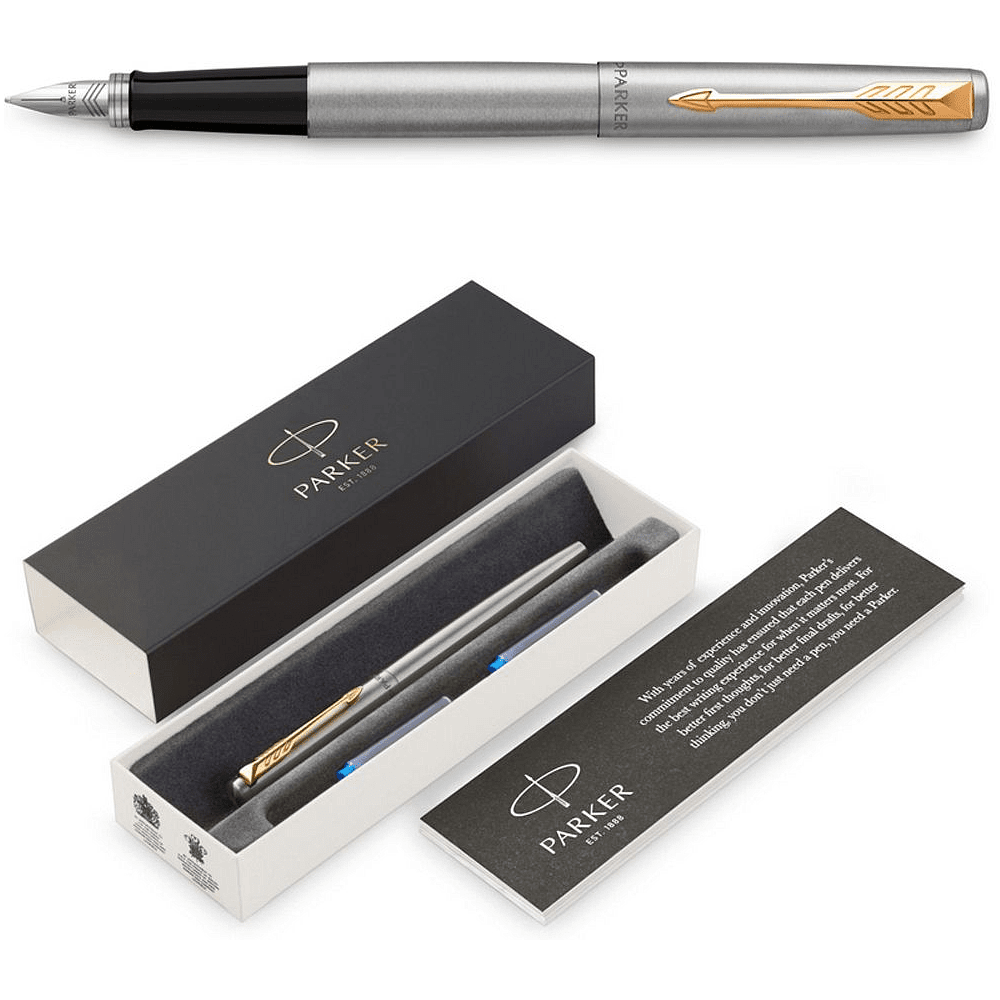 Ручка перьевая "Parker Jotter Stainless Steel CT", М, серебристый, золотистый, патрон синий, -30% - 3