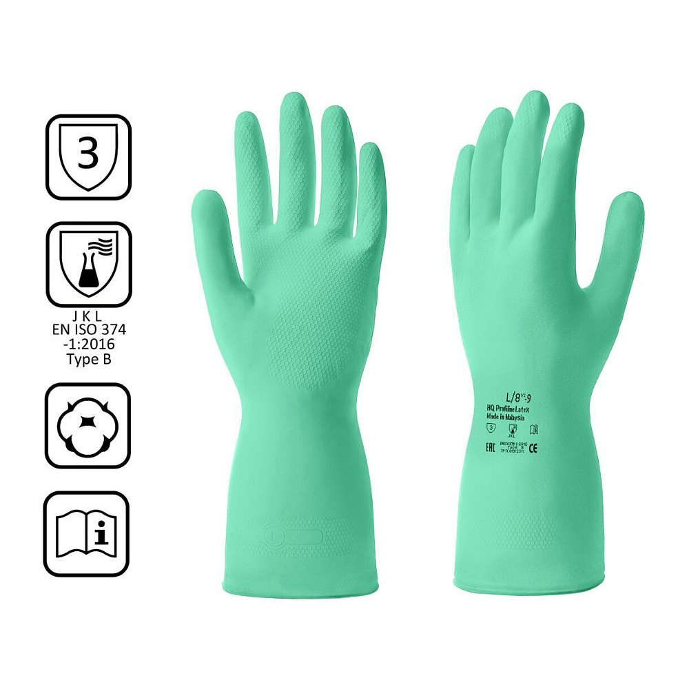 Перчатки латексные HQ Profiline, р-р L, с х/б покрытием, зеленый - 2