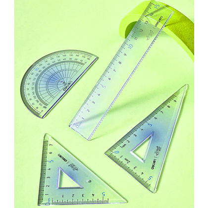 Набор чертежный "Deli VC158": линейка 15 см, треугольник 45 и 60 гр, транспортир 180 гр, ассорти - 3