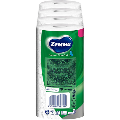 Бумага туалетная Zemma Natural Comfort, 8 рулонов, 3 слоя, белый - 4