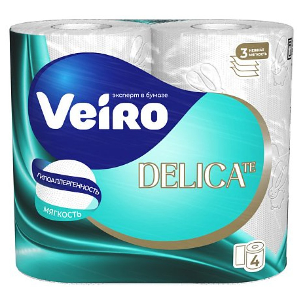 Бумага туалетная Veiro Delicate, 4 рулона, 3 слоя, белый