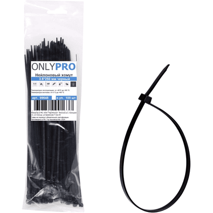 Хомут нейлоновый OnlyPro, 3.6х300 мм, черный, 100 шт