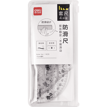 Набор чертежный "Deli VC23": линейка 15 см, треугольник 45 и 60 гр, транспортир 180 гр, прозрачный