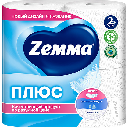 Бумага туалетная Zemma Плюс, 4 рулона, 2 слоя, белый - 2