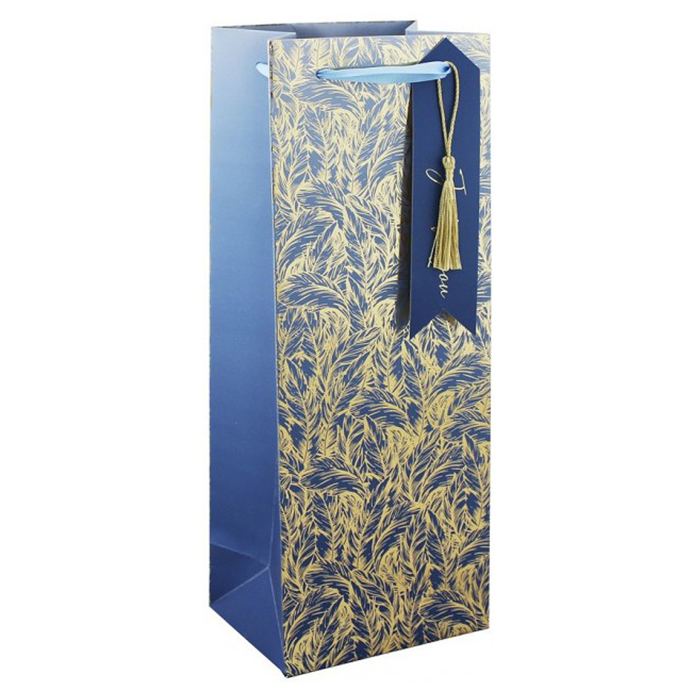 Пакет бумажный подарочный "Shadow feathers", 12.7x9x35.5 см, синий, золотистый