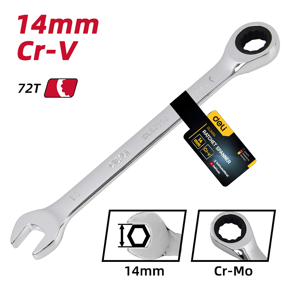 Ключ комбинированный Deli YS EDL34114, 14 мм, с трещоткой, 72 зуба - 6