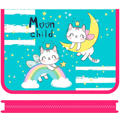 Папка для тетрадей "Moon cats", А4, на молнии, пластик, голубой, розовый
