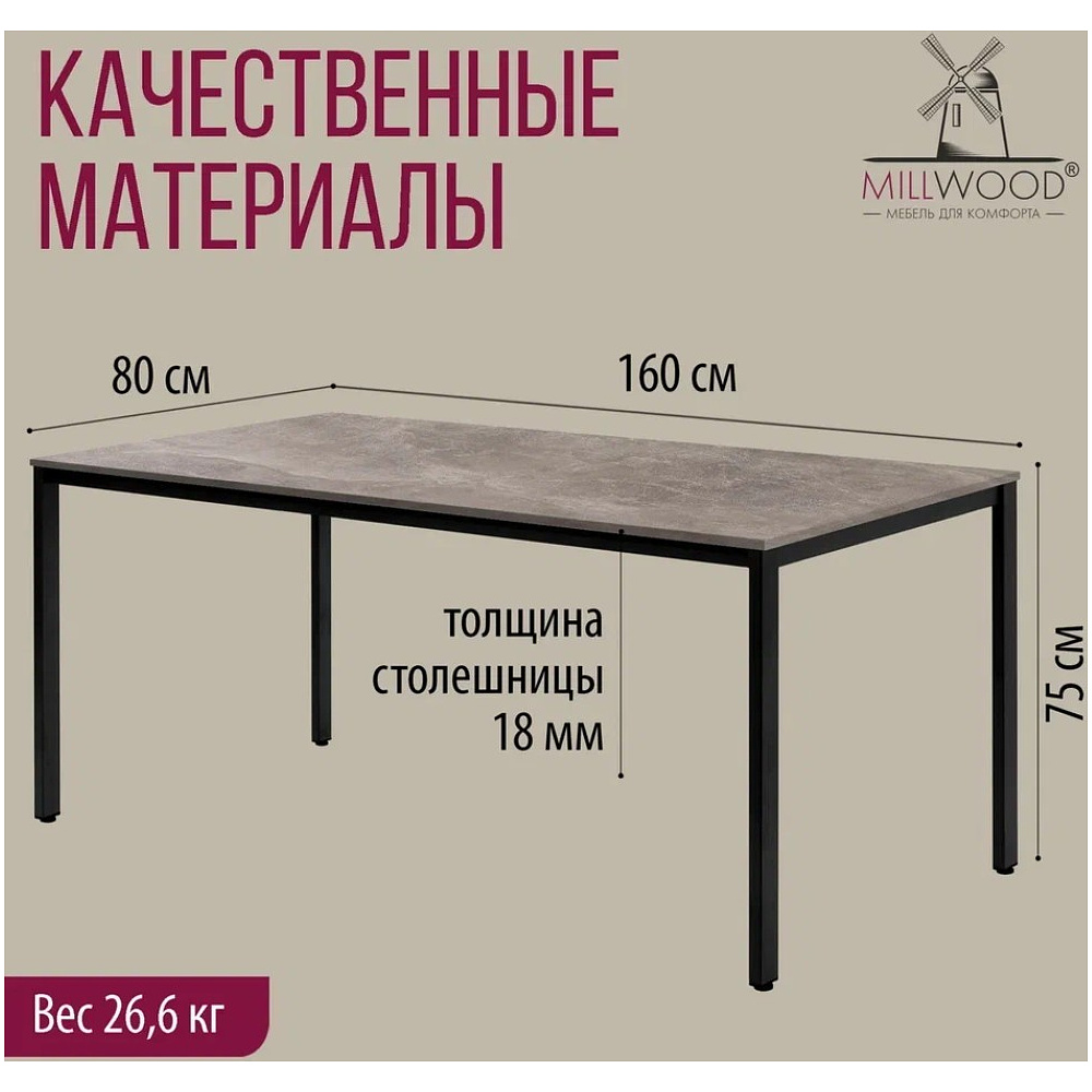 Стол Millwood Сеул, 1600х800 мм, бетон, черный - 4