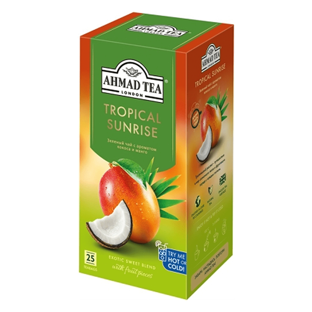 Чай "Ahmad Tea" Tropical Sunrise, 25 пакетиков х1.5 гр., зеленый, с ароматом кокоса и манго