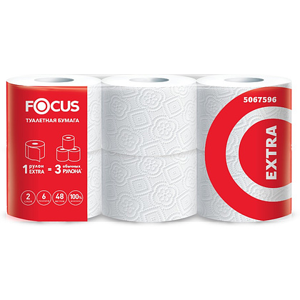 Бумага туалетная Focus Extra, 2 слоя, 48 м, 6 рулонов, 100% целлюлоза