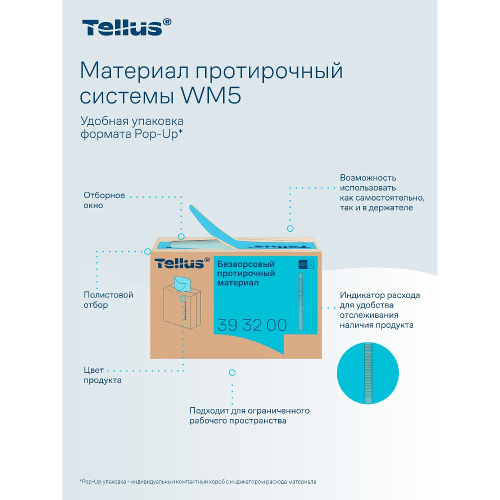 Протирочный материал нетканый Tellus, безворсовый, 1 слой, 100 листов, WM5 - 12