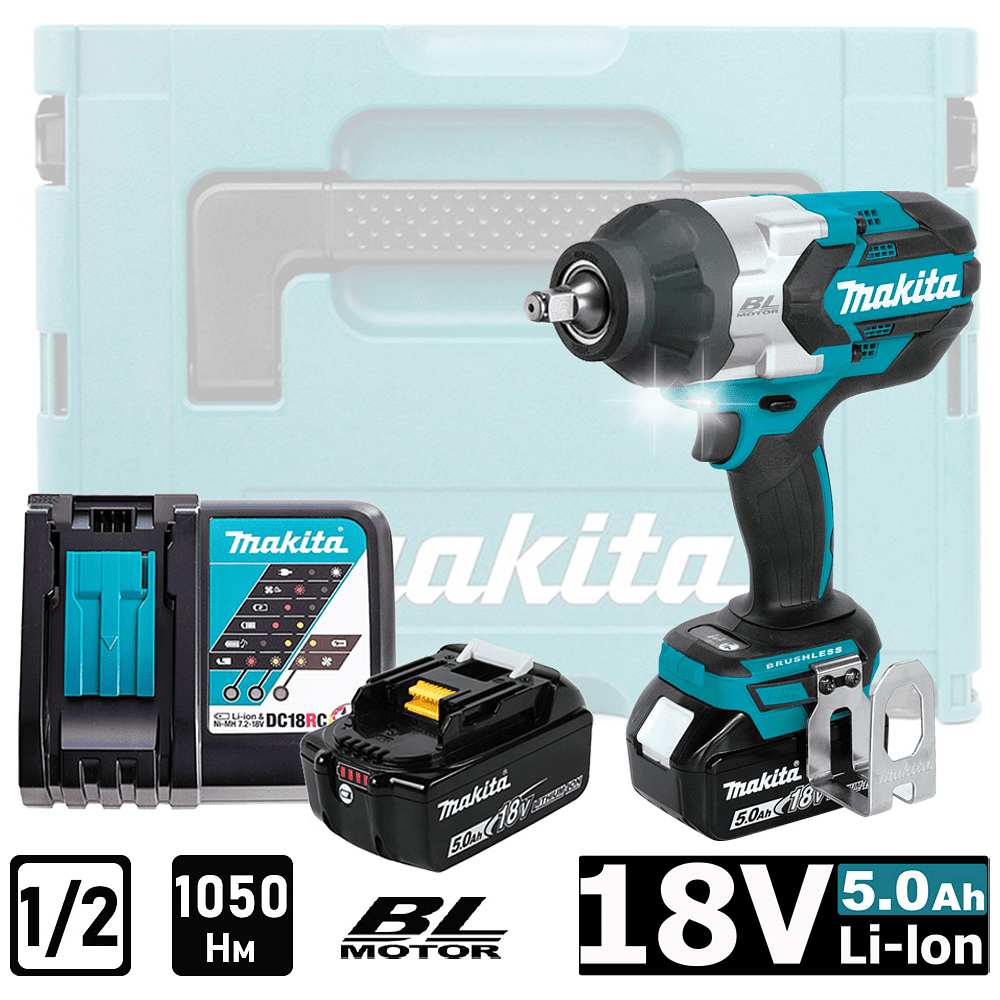 Аккумуляторный гайковерт MAKITA DTW1002RTJ, 18 В, 1050 Нм, 1/2", 5.0Ачx2, MakPac 3