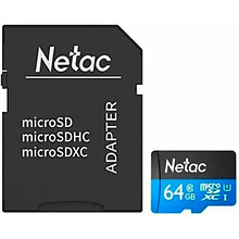 Карта памяти MicroSDXC "Netac P500 Standard", 64GB, U1/C10, с адаптером