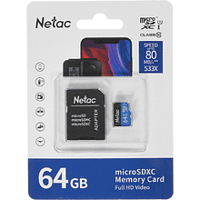 Карта памяти MicroSDXC "Netac P500 Standard", 64GB, U1/C10, с адаптером