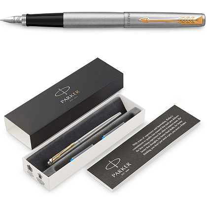 Ручка перьевая "Parker Jotter Stainless Steel CT", М, серебристый, золотистый, патрон синий, -30% - 3