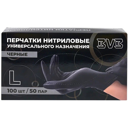 Перчатки нитриловые неопудренные одноразовые  BVB, р-р L, 100 шт/уп., черный - 2