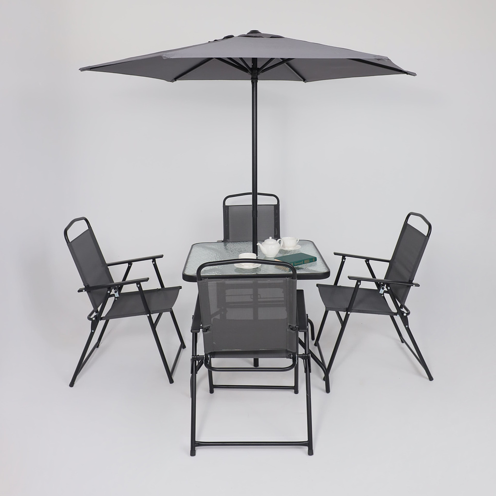Комплект мебели садовой AksHome PICNIC (стол 1шт, 4 кресла, зонт 1шт), серый, черный - 11