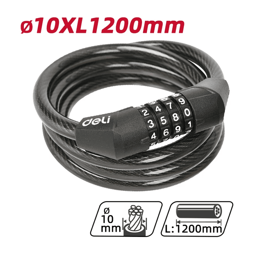 Замок тросовый велосипедный Deli YS EDL508051, 10 x 1200 мм, кодовый - 2