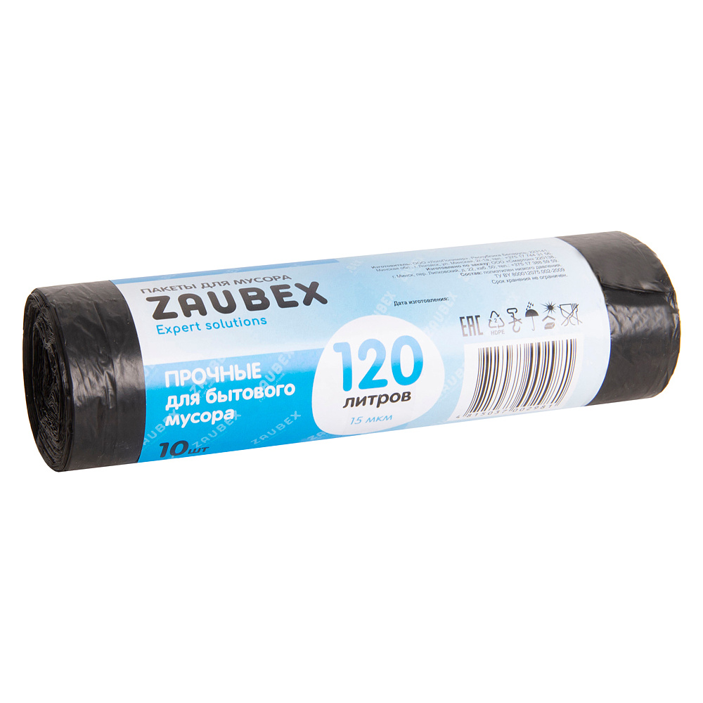 Мешки для мусора ПНД "Zaubex", 15 мкм, 120 л, 10 шт/рулон, черный