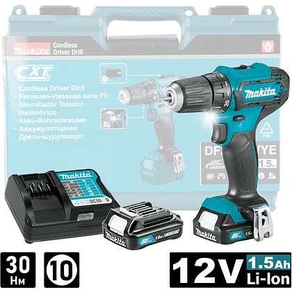 Дрель-шуруповерт аккумуляторная MAKITA DF333DWYE, 12 В, 30 Нм, 1.5Ачx2