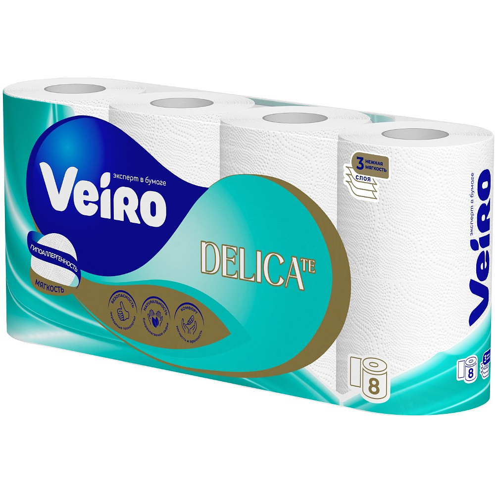 Бумага туалетная Veiro Delicate, 8 рулонов, 3 слоя, белый  - 2