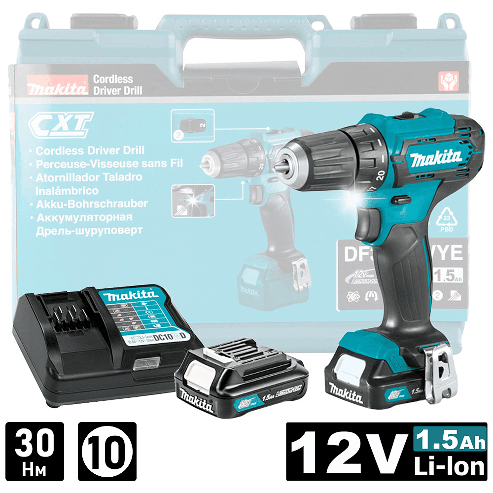 Дрель-шуруповерт аккумуляторная MAKITA DF333DWYE, 12 В, 30 Нм, 1.5Ачx2