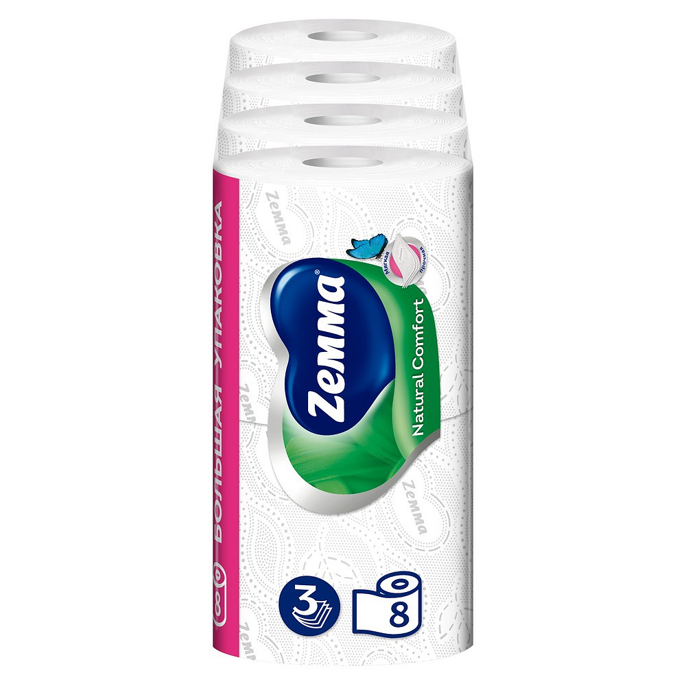 Бумага туалетная Zemma Natural Comfort, 8 рулонов, 3 слоя, белый - 3