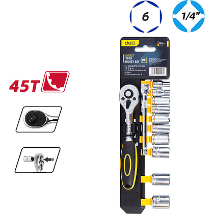Набор торцевых ключей "Deli" EDL0012T,12 предметов, 5-14 мм, желтый, серебристый - 2