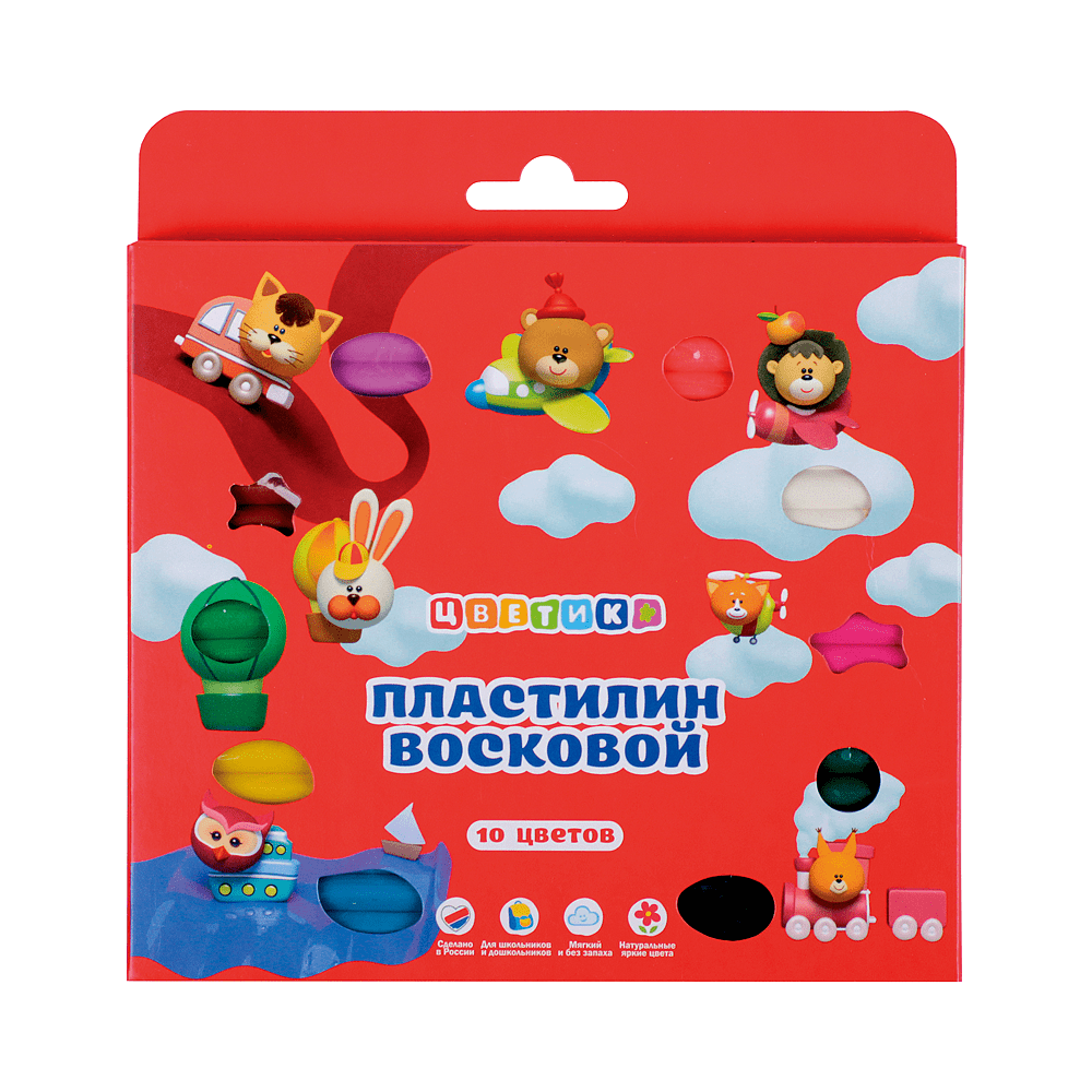 Пластилин восковой "Цветик" для детской лепки, 10 цветов