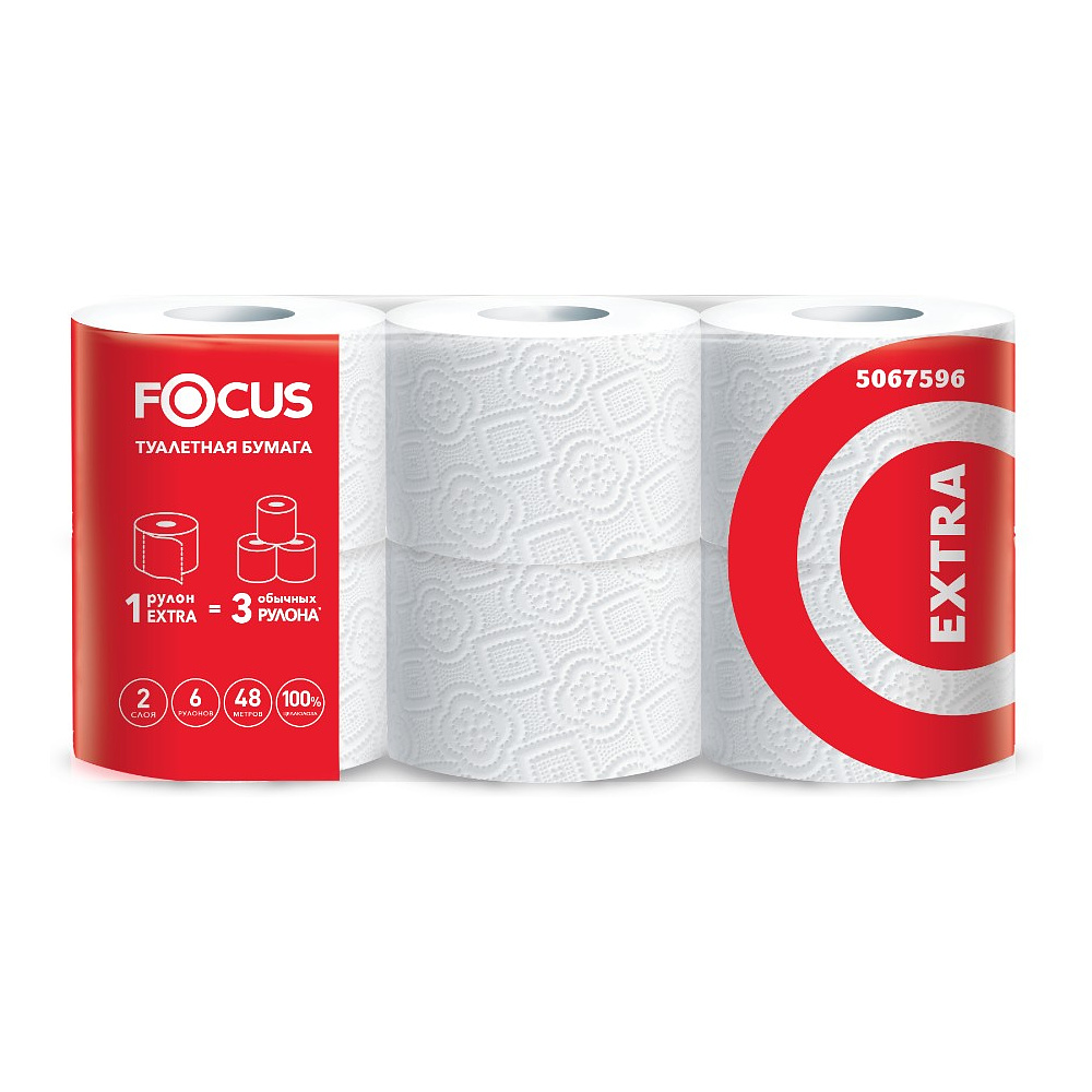 Бумага туалетная Focus Extra, 2 слоя, 48 м, 6 рулонов, 100% целлюлоза