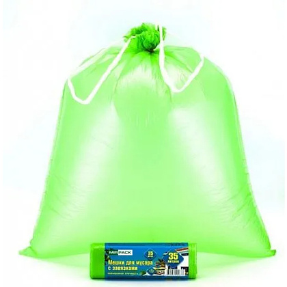 Мешки для мусора, 35л, 15шт/рулон, ПНД, Mirpack Vip, 18 мкм, 50х60см, зеленый, с завязками - 2