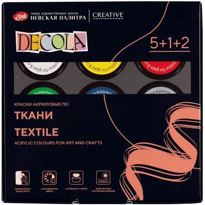 Краска акриловая по ткани "Декола", набор 5 цветов, 20 мл, контур 2 шт., разбавитель