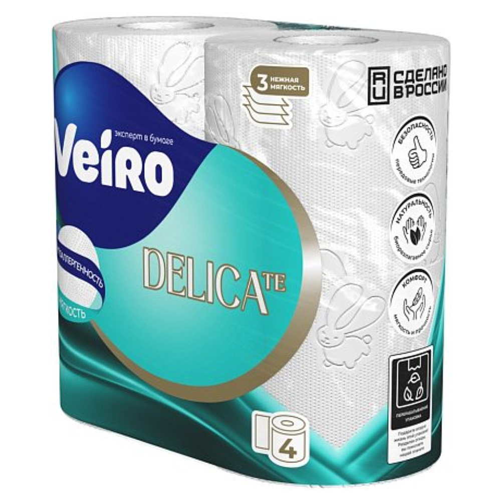 Бумага туалетная Veiro Delicate, 4 рулона, 3 слоя, белый - 2
