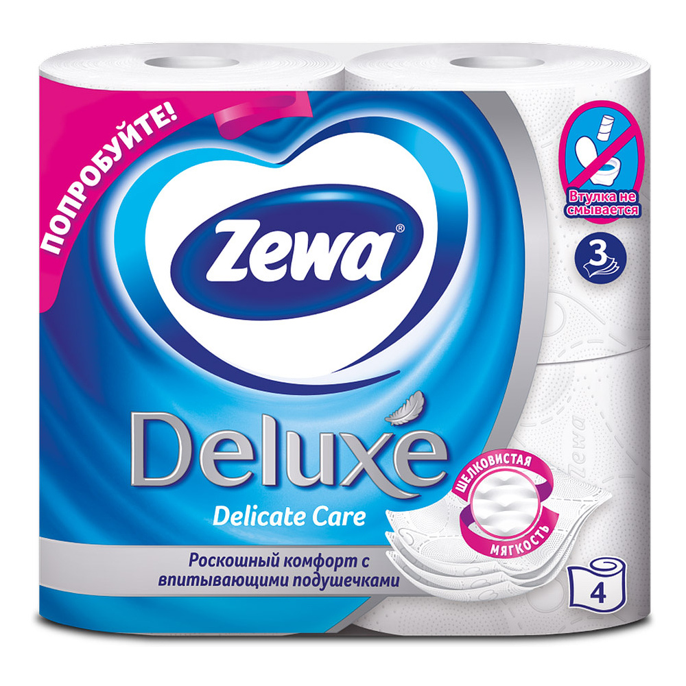Бумага туалетная "Zewa Deluxe", 3 слоя, 4 рулона