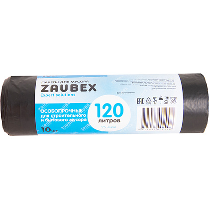 Мешки для мусора ПВД "Zaubex", 25 мкм, 120 л, 10 шт/рулон, черный