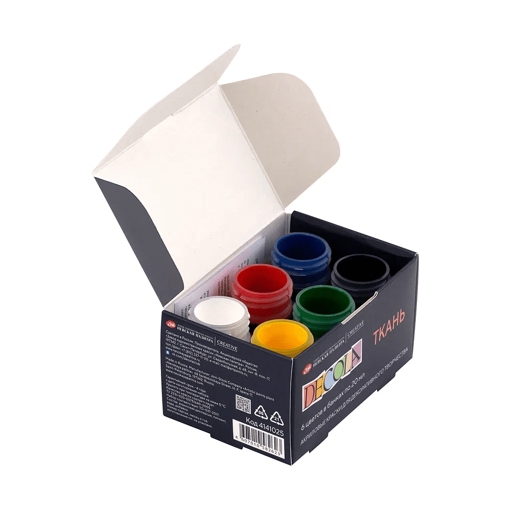 Краска акриловая по ткани "Декола", набор 6 цвет, 20 мл, банки - 5