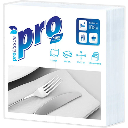 Салфетки бумажные PROtissue, 33х33см, 2 слоя, 1/8 - сложение, белый, 100 листов - 2