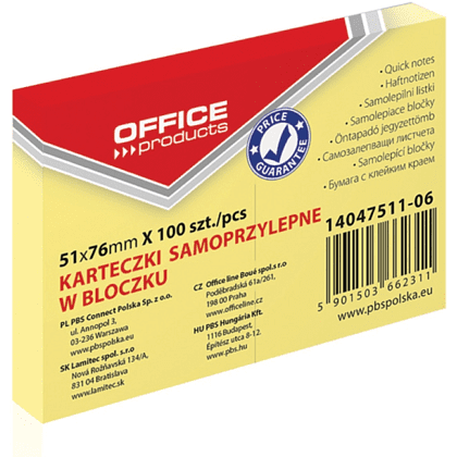 Бумага для заметок "Office Products", 51x76 мм, 100 листов, светло-желтая пастель 