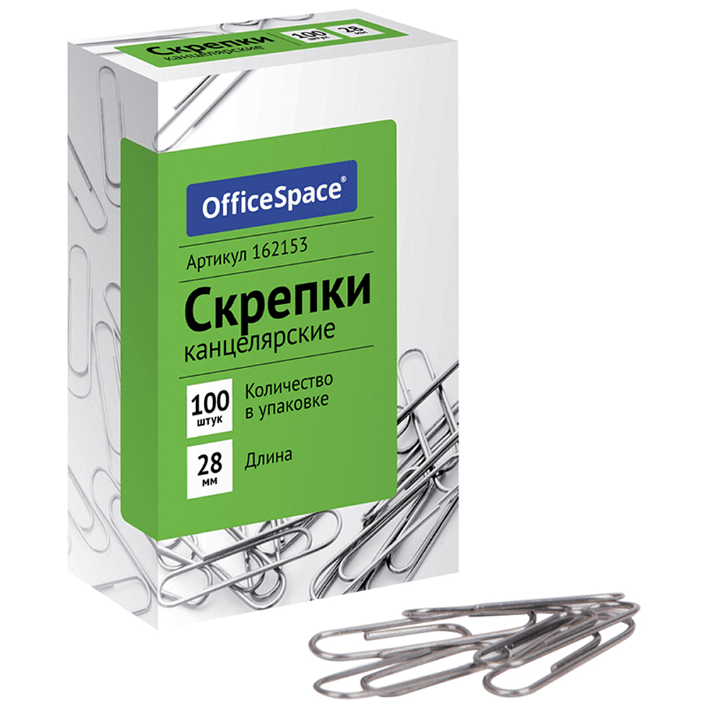 Скрепки "OfficeSpace", 28 мм, металлические, 100 штук, овальные, серебристый