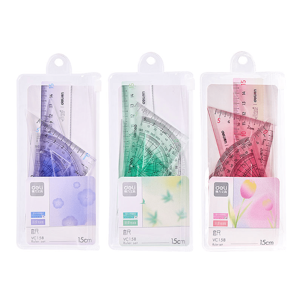 Набор чертежный "Deli VC158": линейка 15 см, треугольник 45 и 60 гр, транспортир 180 гр, ассорти