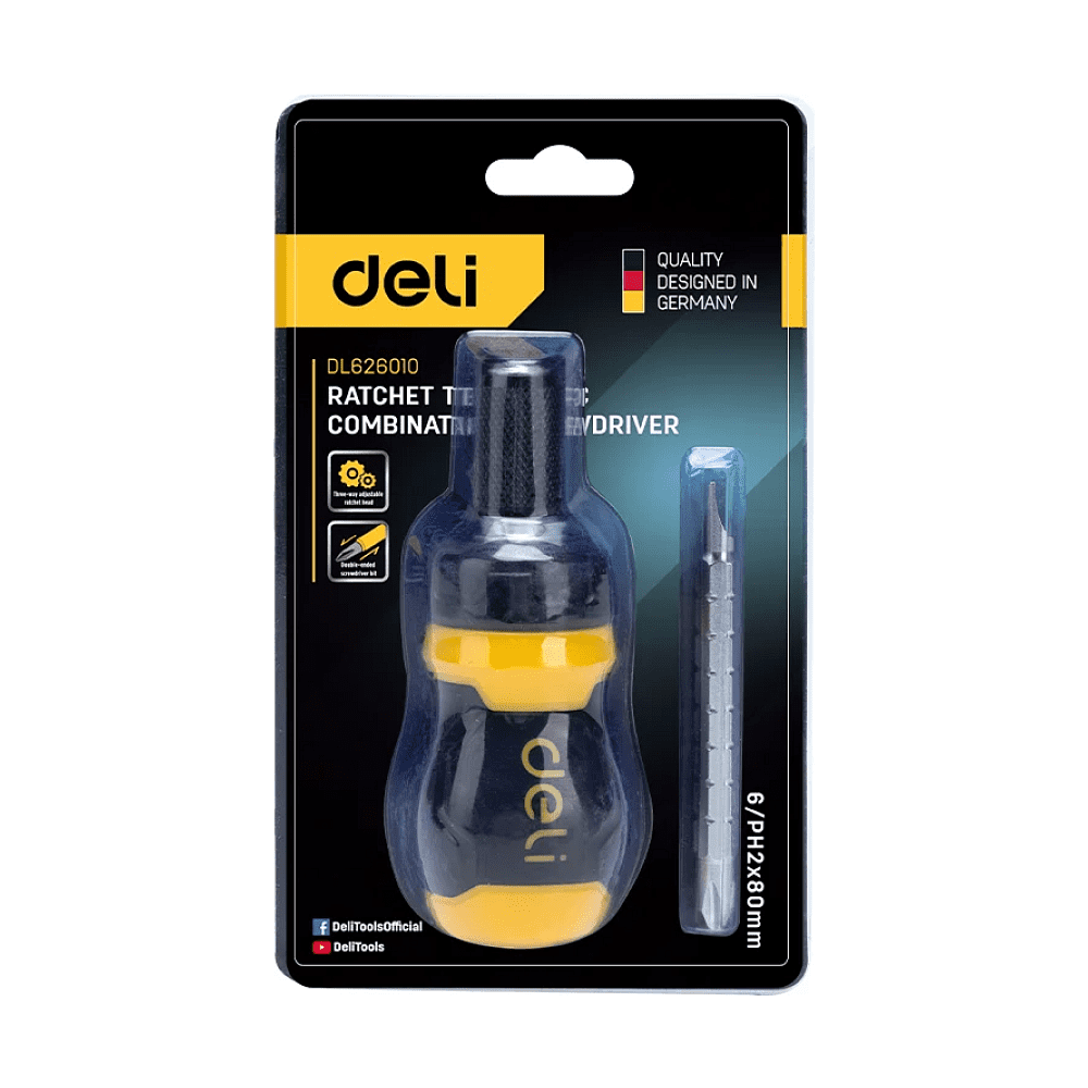 Двухсторонняя отвертка Deli YS EDL626010, с трещоткой, PH2+SL6 - 11
