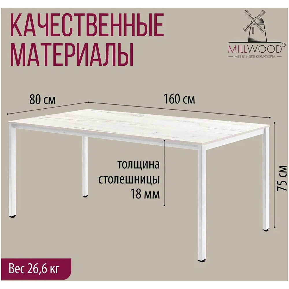 Стол Millwood Сеул, 1600х800 мм, дуб белый крафт, белый - 4