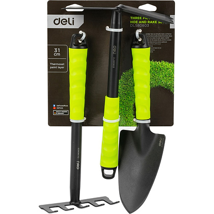 Набор садовых инструментов Deli GS EDL580803, 310 мм, 3 шт., лопата, мотыга, грабли, зеленый, черный - 5