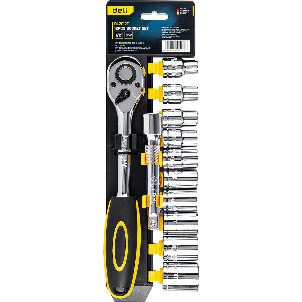 Набор торцевых ключей Deli "EDL2012T", 12 предметов, 10-24 мм, желтый, серебристый
